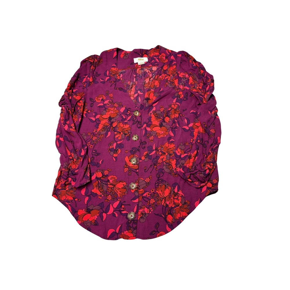 Maeve Anthropologie Purple Floral‎ Ruched Sleeve Button Down Blouse Womens Small